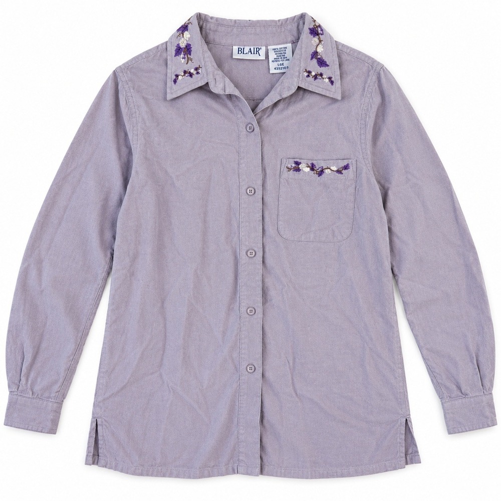Vtg Blair Lavender Purple Floral Embroidery Cotton Shirt L Cottagecore Soft